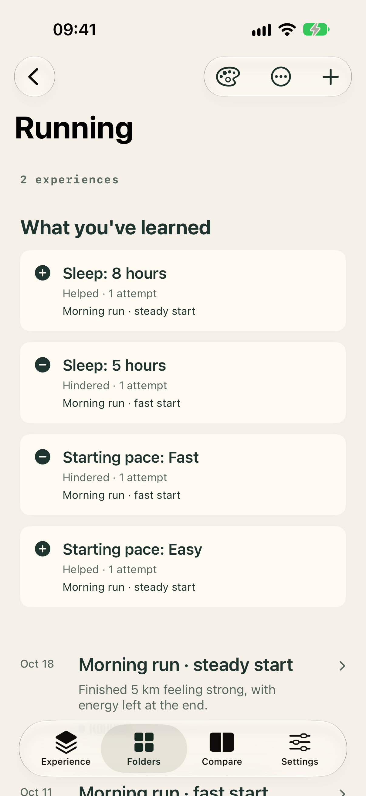 A Running folder showing conditions marked Helped or Hindered, with the experiences behind them.
